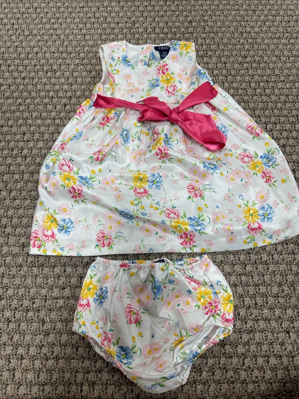 Chaps White Floral Dress with Pink Sash and Matching Bloomers